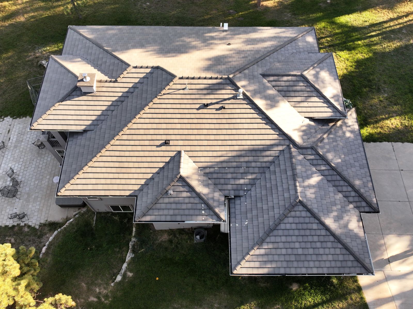 Aerial view of a completed Fixins roof in Yoder, Colorado Springs area