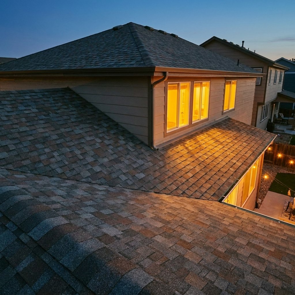 Dimensional asphalt shingle roof at dusk on a Colorado Springs home by Fixins