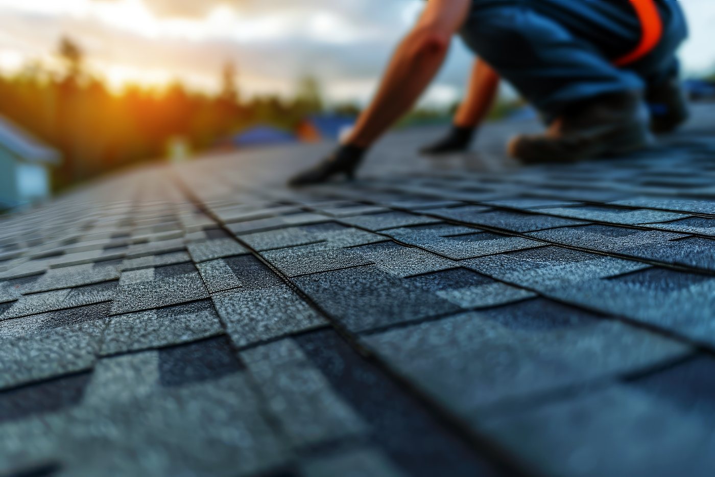 Close-up of a completed asphalt shingle roof installed by Fixins in Colorado Springs