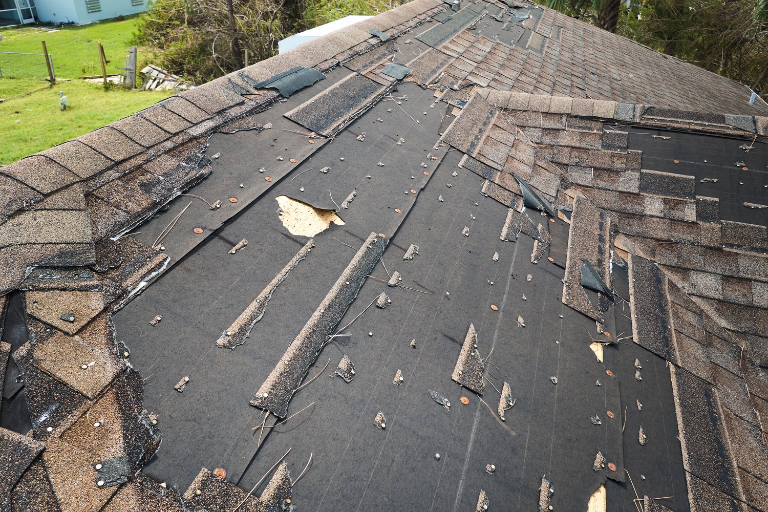Storm-damaged shingles with exposed underlayment on a Colorado Springs roof before replacement