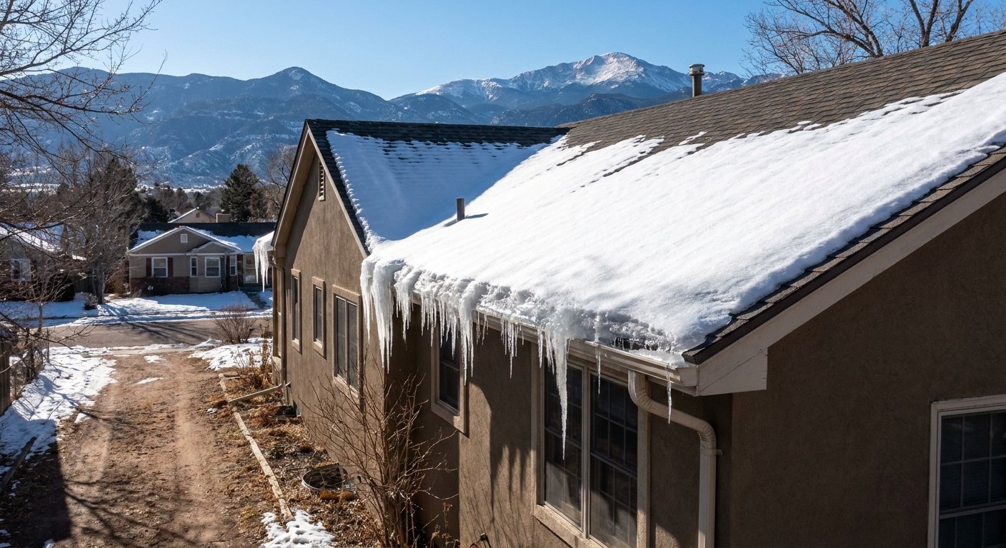 Ice dam and icicles on a Colorado Springs home roof with Pikes Peak behind