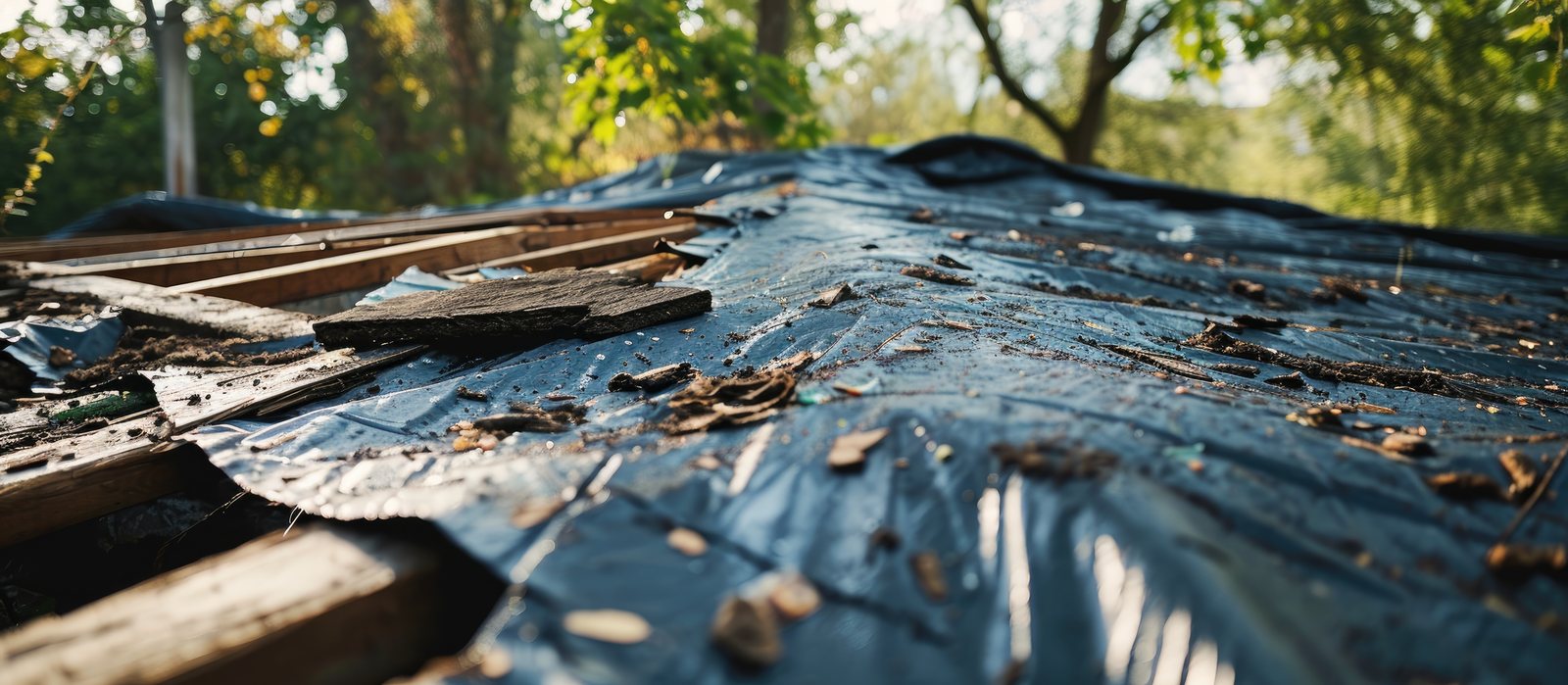 Storm-torn roof underlayment exposing wood decking on a Colorado Springs home by Fixins