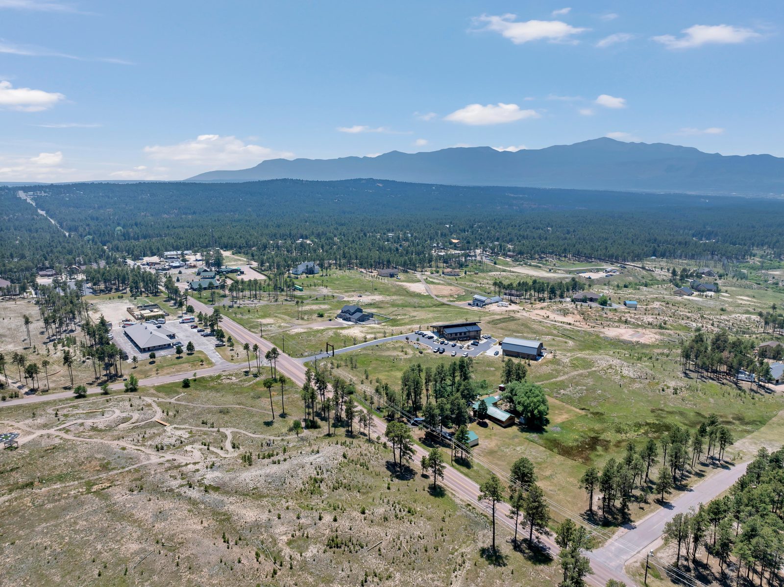 Aerial view of Black Forest, Colorado with Pikes Peak in the distance