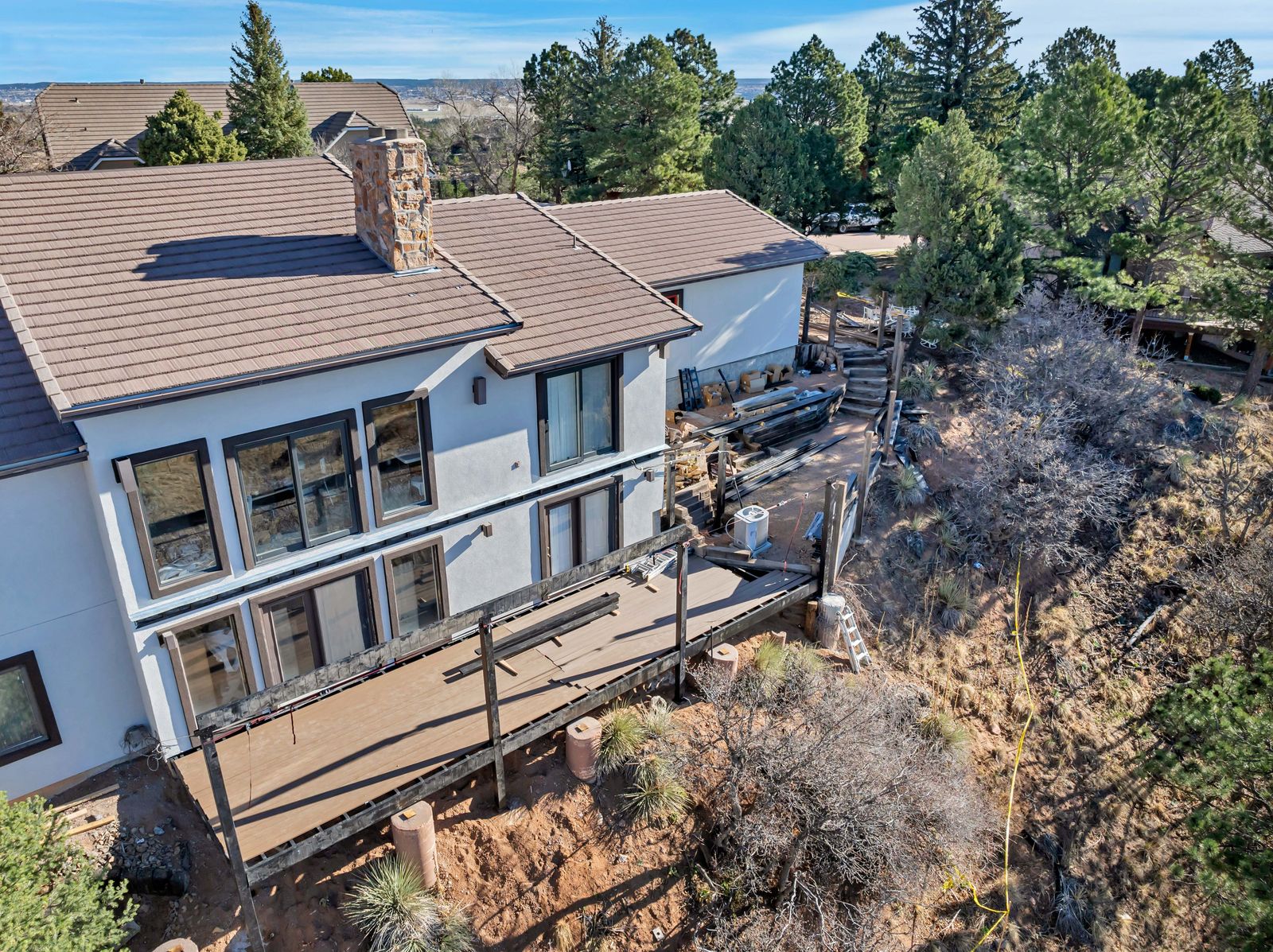 Aerial view of a completed Fixins roof in Calhan, Colorado Springs area