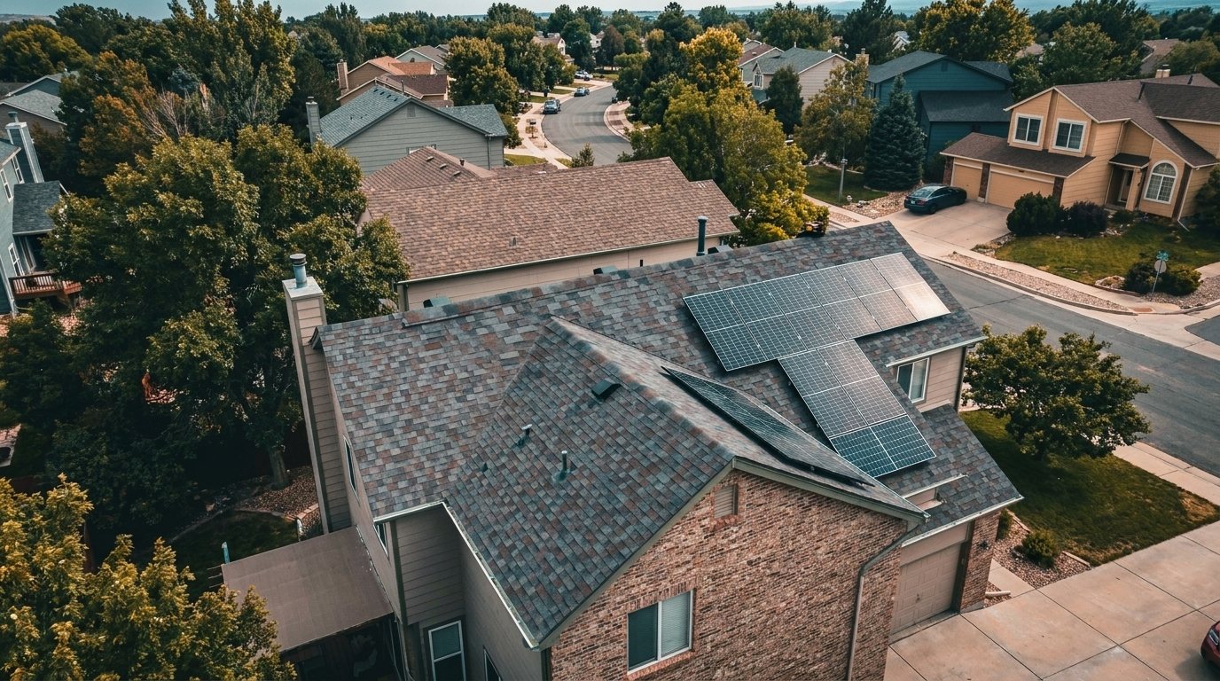 Aerial view of a dimensional asphalt shingle roof on a Colorado Springs home by Fixins