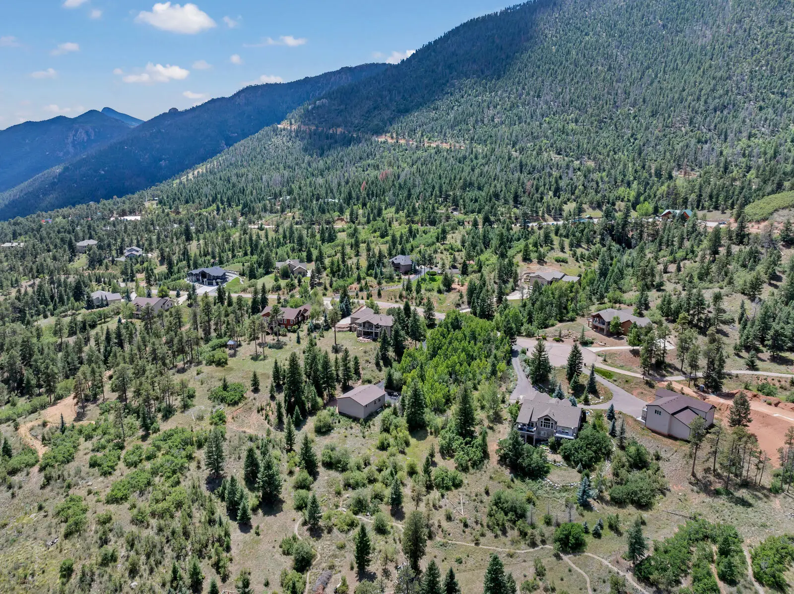 Cascade-Chipita Park homes set on steep wooded lots among ponderosa pines below the Pikes Peak foothills