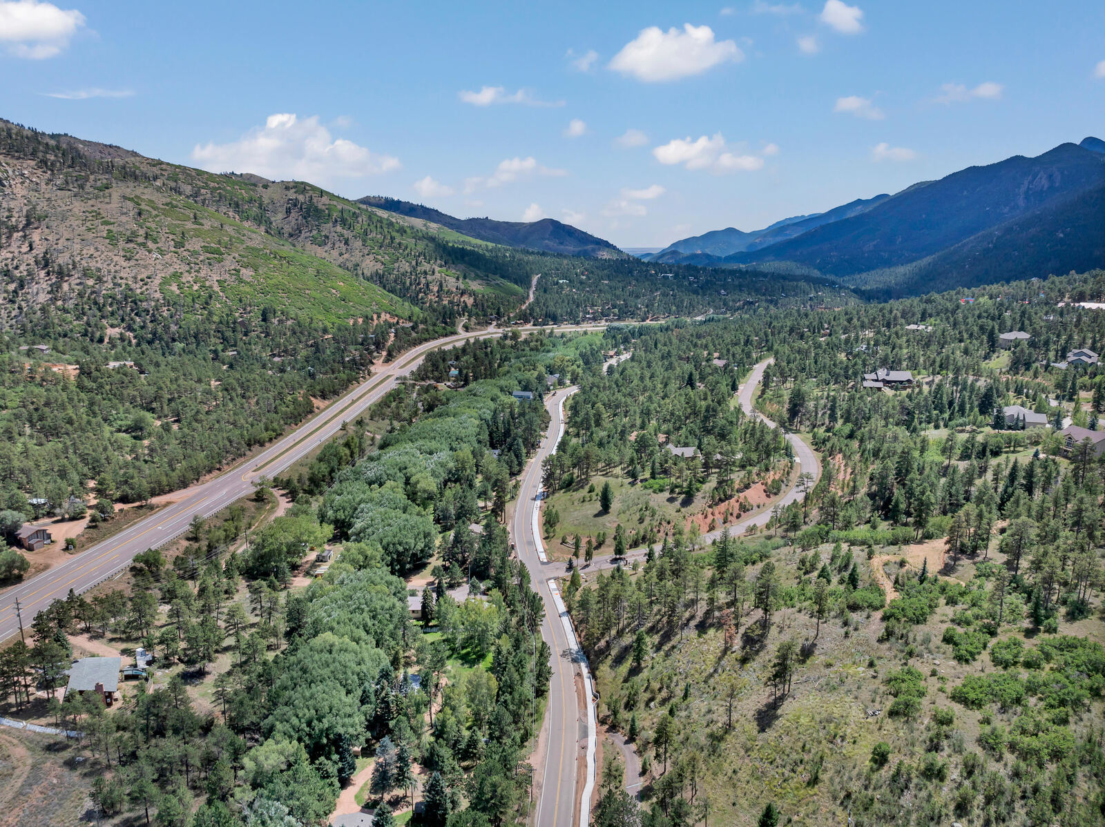 Aerial view of US Route 24 running through the Ute Pass canyon at Cascade-Chipita Park, Colorado