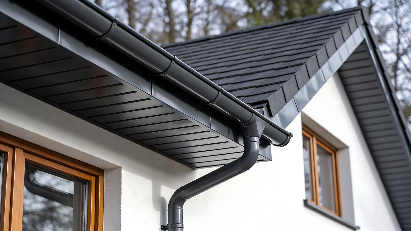 Dark gray seamless gutter and round downspout on a white home with a black shingle roof