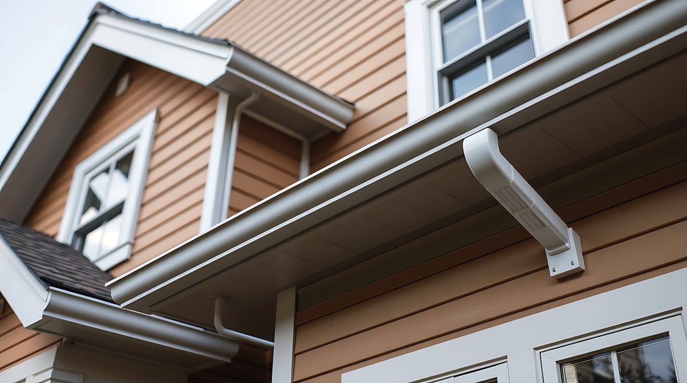 Close-up of a seamless gutter and white downspout elbow on a home with tan lap siding