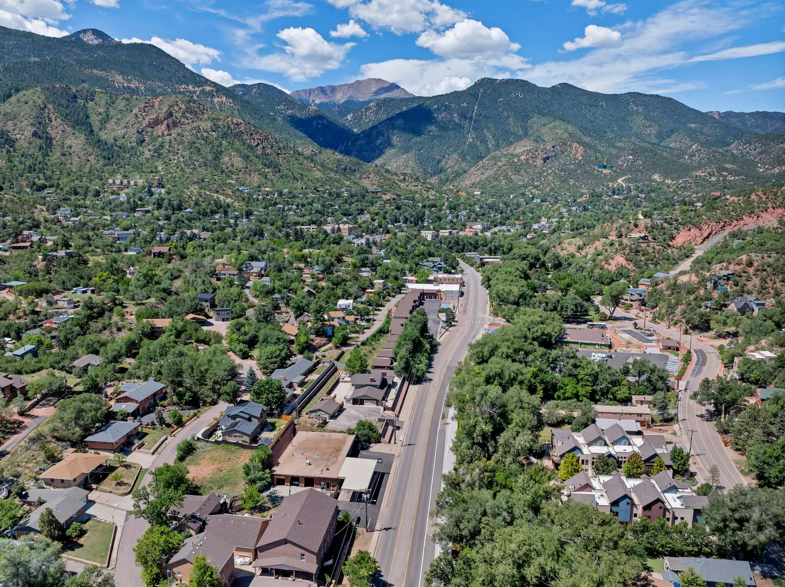 Aerial view of Manitou Springs neighborhoods at the eastern base of Pikes Peak in Colorado