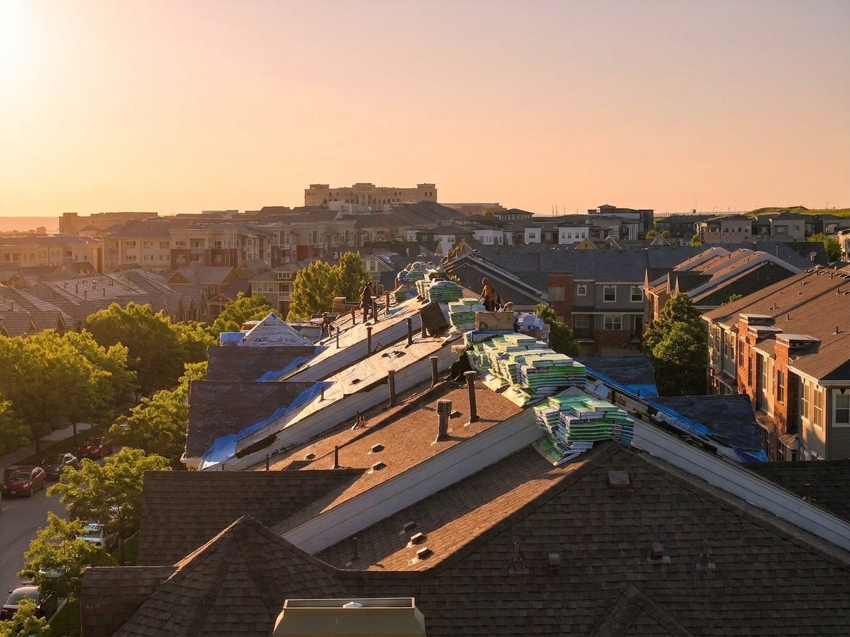 Crew working to reroof a house at sunset