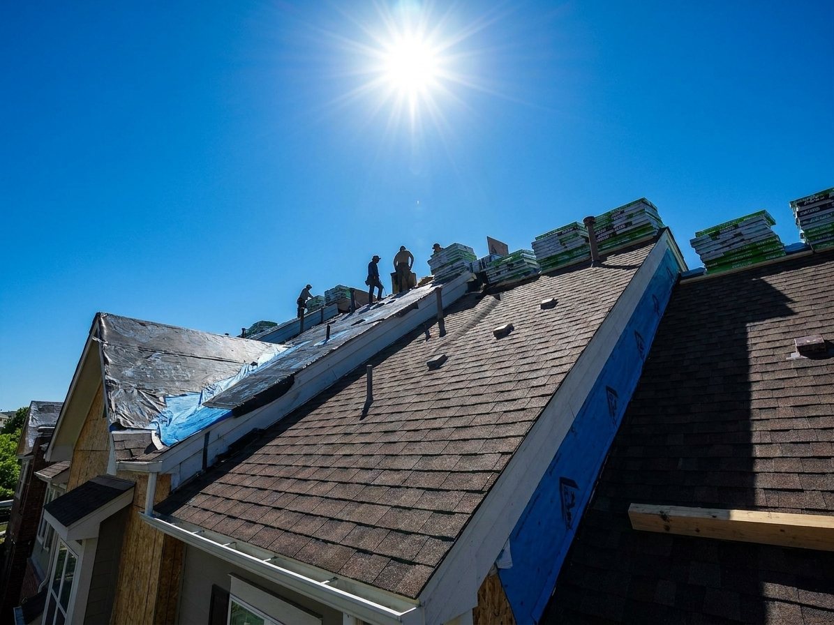 Fixins crew re-roofing a Colorado Springs home with shingle bundles staged along the ridge