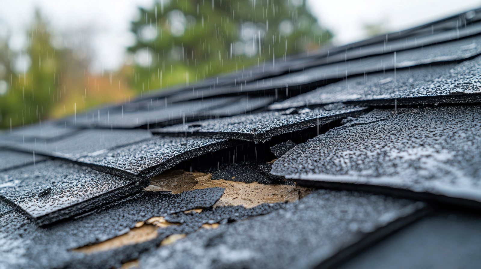 Storm-damaged shingles with exposed decking on a Colorado Springs roof