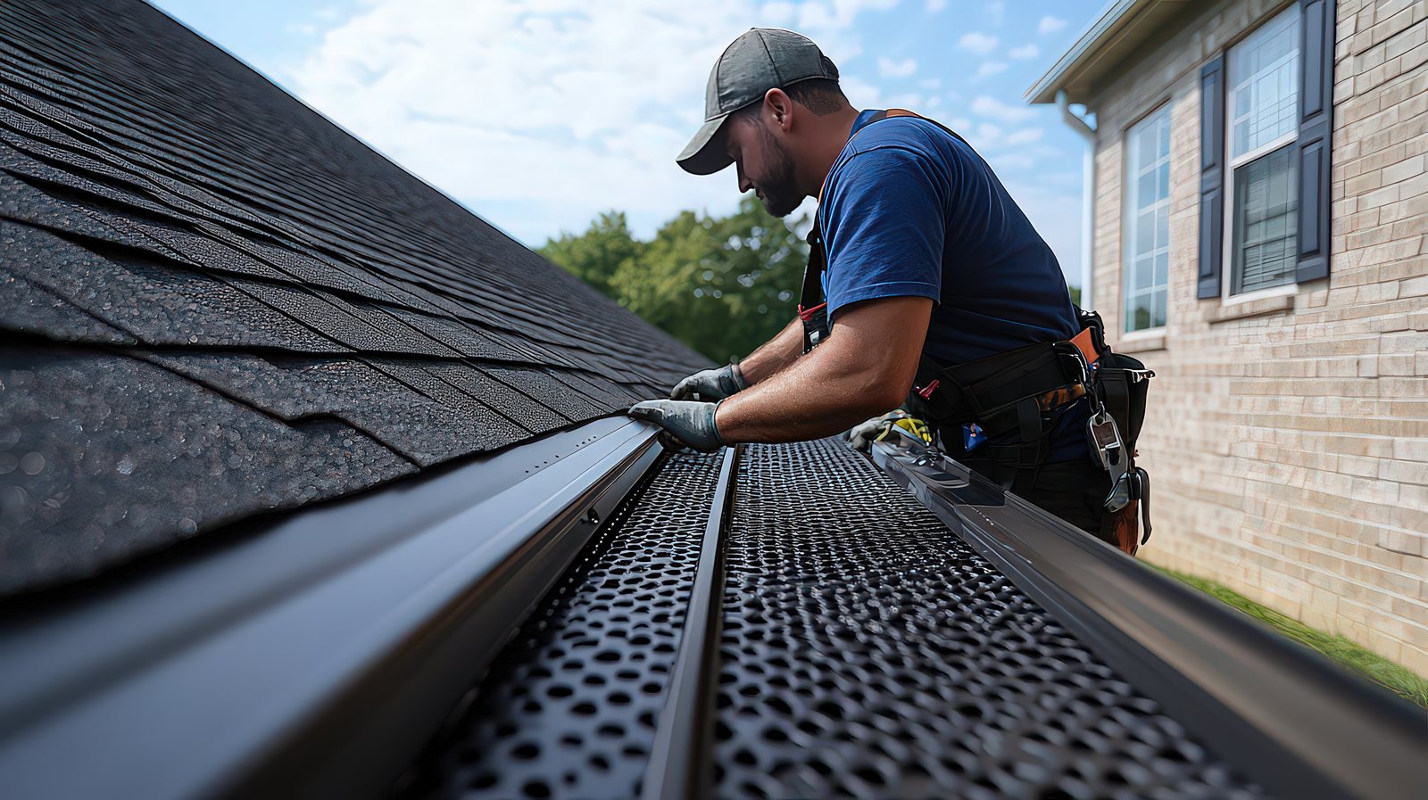 Fixins installer fitting mesh gutter guards along a shingle roof edge in Colorado Springs
