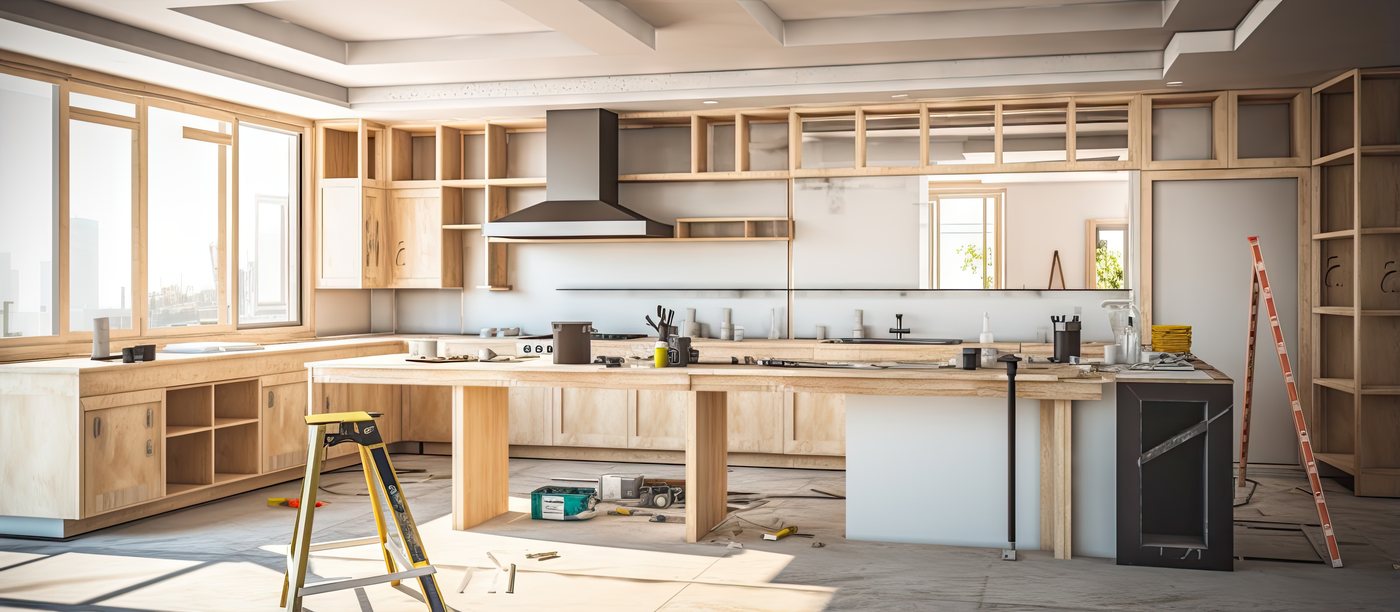 Kitchen remodel in progress with new wood cabinetry, island, and range hood installed