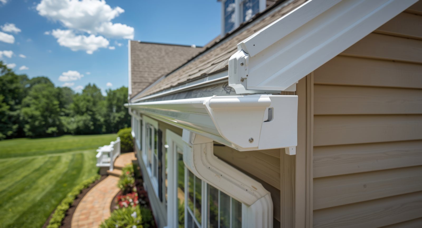 Seamless white aluminum gutter run and downspout along the eaves of a home in Colorado Springs