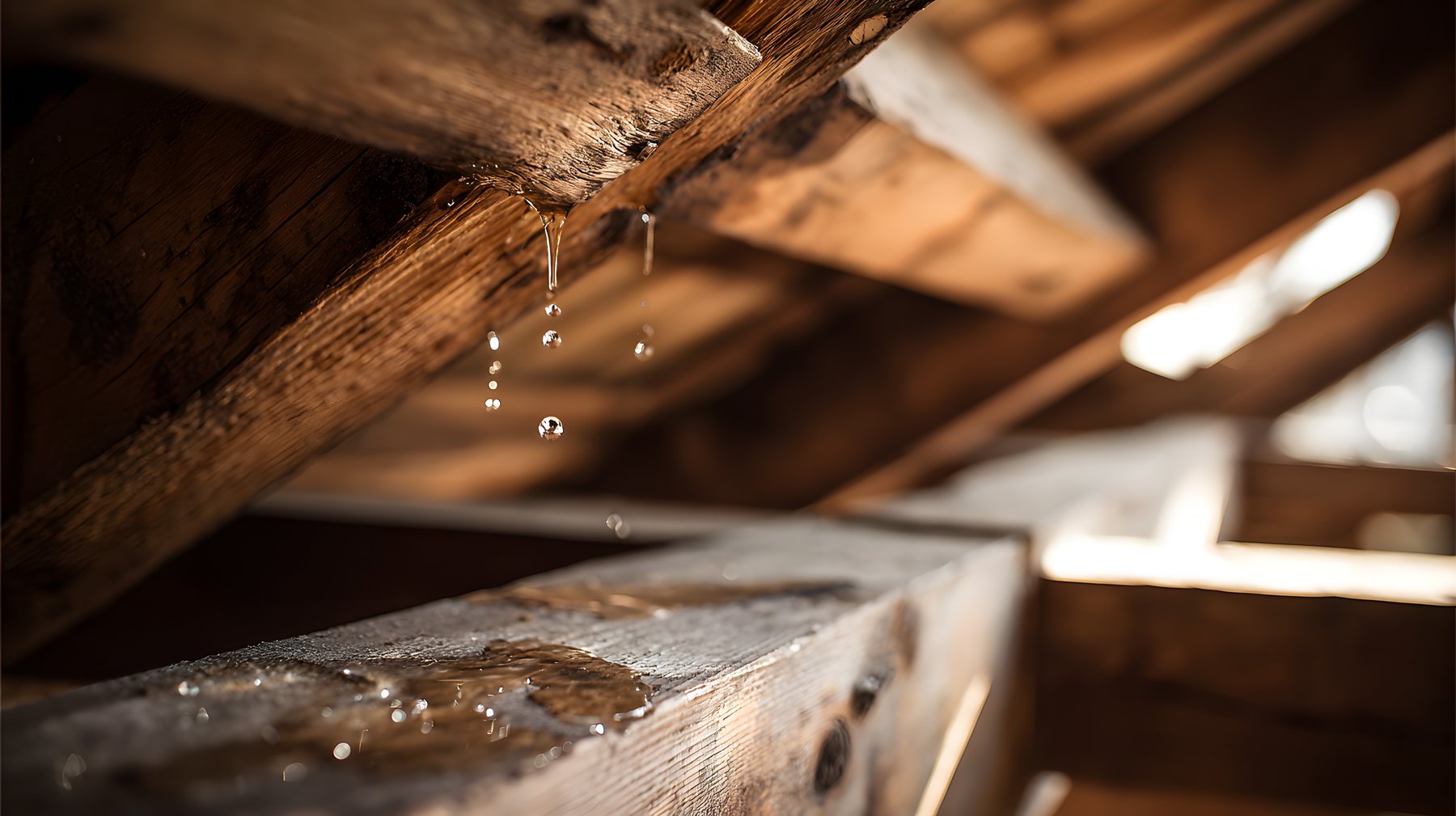 Water dripping from soaked wooden roof beams inside an attic during an active leak