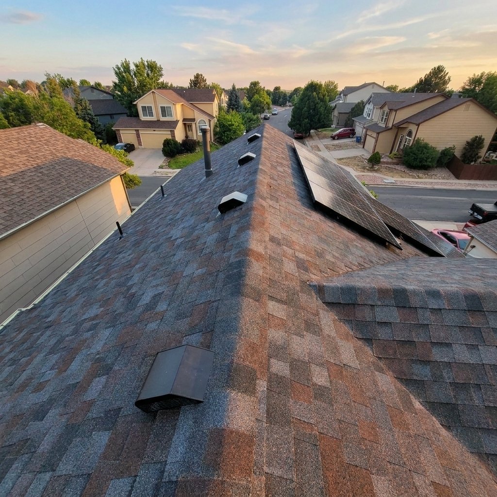 Aerial view of a new multi-tone asphalt shingle roof installed by Fixins in Colorado Springs